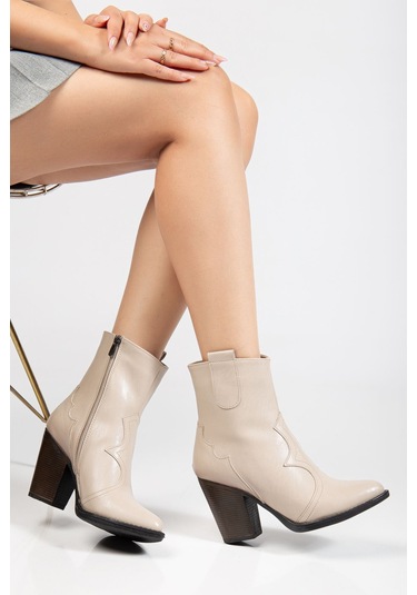 117 Bej Kovboy Dikiş Detaylı Fermuarlı Yüksek Topuklu Günlük... Bej