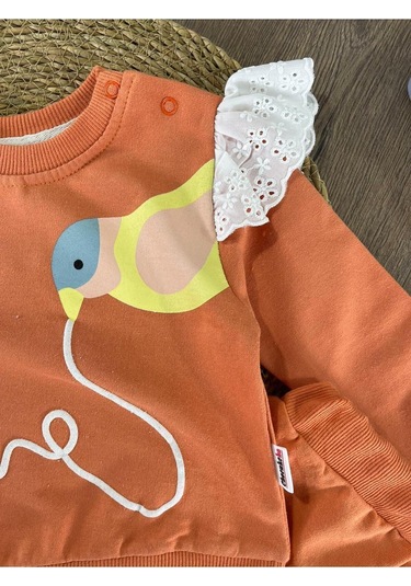 Omuzda Dantel Detaylı Kuş Baskılı Takım Turuncu