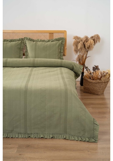 Tziana Haki Yeşil Çift Kişilik Jakarlı Yatak Örtüsü Takımı 3 Parça Uyku Seti Yeşil