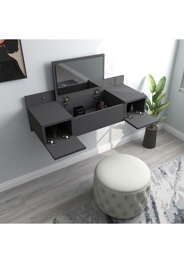 Arnetti Zakkum Aynalı 2 Raflı Dekoratif Makyaj Masası Antrasit