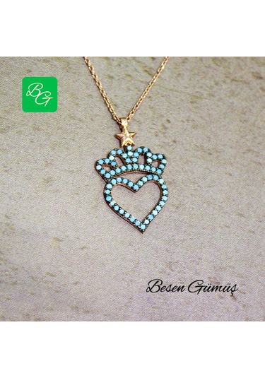 Firuze Taşlı Kraliçe Tacı Ve Kalp Temalı Kolye Rose - Gold -  Gümüş