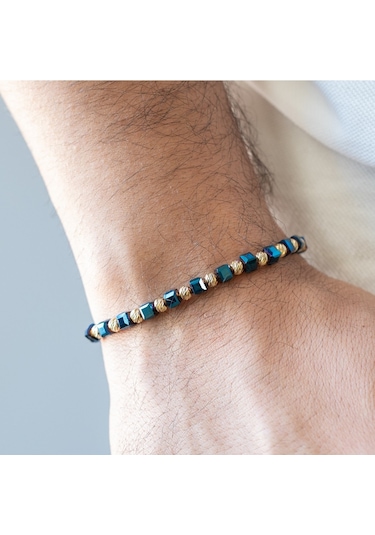 Cenovakuyumculuk 14 Ayar Altın Toplu Mavi Renk Küp Seramik Erkek Bileklik Sarı Altın