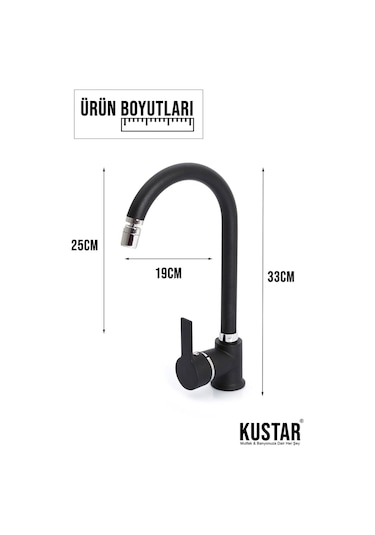 Kustar Inci Siyah Mutfak Evye Bataryası 360 Oynar Başlıklı
