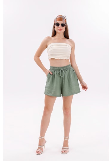 Genius Store Genıus Store Kadın Şort Aerobin Pamuklu Cepli Çekmez Kumaş Beli Lastikli Şort Yeşil