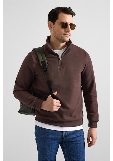 Süvari Koyu Kahve Regular Düz Yarım Balıkçı Yaka Sweatshirt Ssw2013700001-kh9 Koyu Kahverengi
