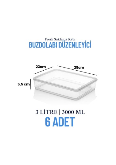 6'lı Sızdırmaz Freshbox Saklama Kabı Mikrodalga Ve Buzdolabı Uyumlu / 3000 Ml Şeffaf Şeffaf