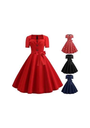 Novahub Kadın Retro Elbise, 1950'ler Vintage A-line, Kare Yaka, Kısa Kollu, Siyah, Nokta Baskı, Orta Bel Kuşaklı, Fiyonk Dekor Siyah