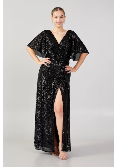 Doridorca Kadın Büyük Beden V Yaka Pul Payet Maxi Abiye Elbise 5041 Siyah Siyah