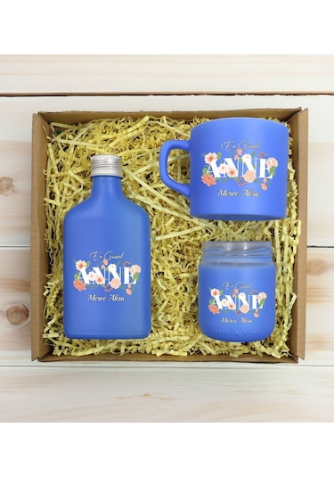 Bk Gift Kişiye Özel İsimli Dtf Anne Temalı Mavi Kahve Fincanı & Kolonya & Mum Hediye Seti-4, Anneye Hediye, Anneler Günü Hediyesi Kobitmeyencom30966 B