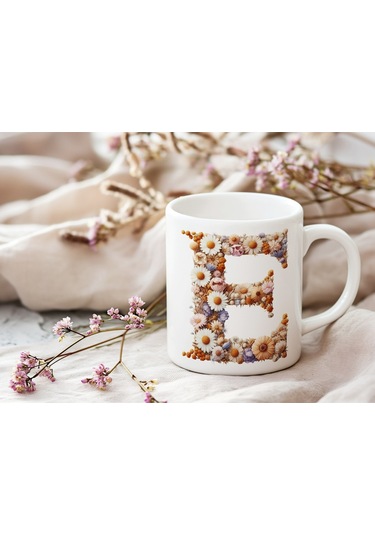 E Harfi Çiçek Desenli Kupa Bardak - Alfabe Harfleri İle Doğal Çiçekli Kupa - Hediye Fikir Beyaz