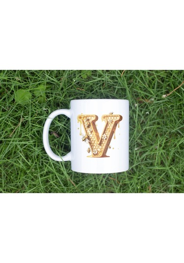 V Harfi Bal Arısı Tasarım Kupa Bardak - Bal Ve Petek Desenli Kişiye Özel Kahve Kupası - Hediyelik Beyaz
