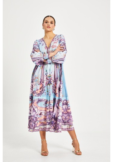 Kadın Desenli V Yaka Elbise Uzun Kollu, Kuşaklı, Astarlı Mavi