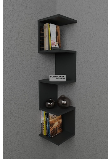Zigzag Köşe Raf Kitaplık Duvar Rafı Antrasit Antrasit
