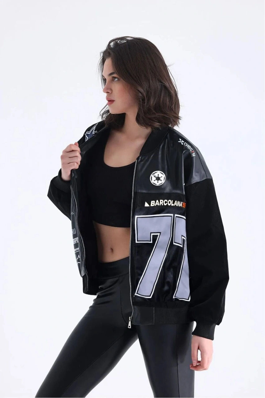 Kadın Oversize Baskılı Deri Motorcu Montu Fermuarlı Yarışçı Ceket Astarlı Bomber Kolej Mont Siyah