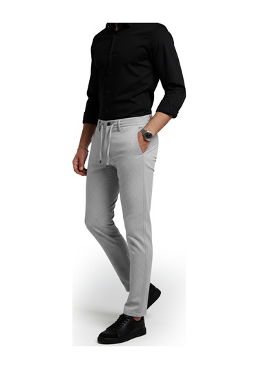 Deepsea Erkek Gri Likralı Gofre Kumaş Beli Lastikli İpli Slim Fit Günlük Pantolon 2600650 Gri