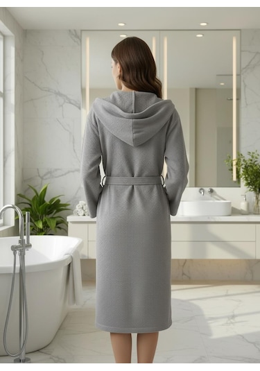 Waffle Unisex Pamuklu Pike Bornoz Gri
