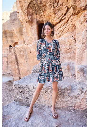 Monamise Kadın Etnik Desenli Truvakar Kollu V Yaka Elbise 23064