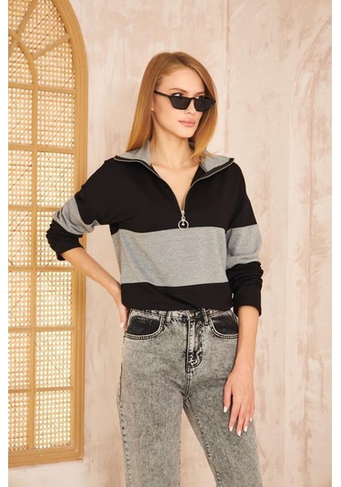 Kadın Uzun Kol Fermuarlı Polo Yaka Color Block Basic Salaş Sweatshirt Bluz 3471210 Siyah - Gri