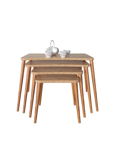 Selena 4lü Zigon Sehpa Ahşap Ayaklı Salon Seti Çay Sehpası Çam