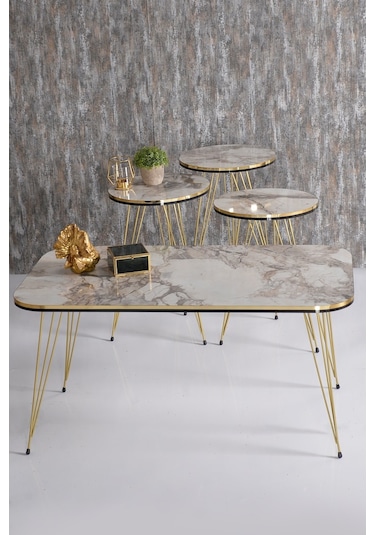 Zigon Sehpa Ve Orta Sehpa Kr Set Çift Gold Efes Tel Ayak