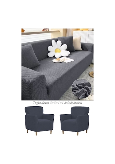 StarMall Tuğla Desen Koltuk Örtüsü Çekyat Kılıfı 3311 Takım Antrasit