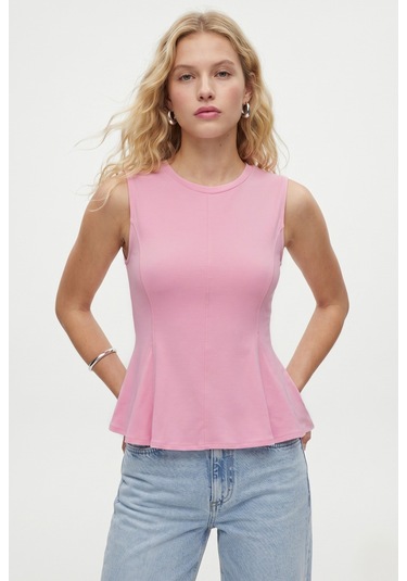 Ritnice Kadın Rowe %100 Pamuk Peplum Sıfır Kol Pembe Bluz