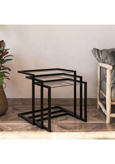 Crux Üçlü Camlı Zigon Sehpa Siyah