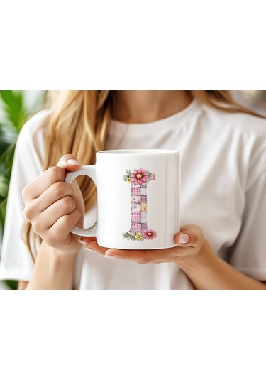 I Harfli Retro Çiçekli Kupa Bardak - Patchwork Tarz Yamalı Desenli İsme Özel Kupa - Hediye 07 Beyaz