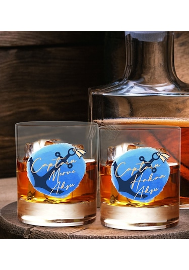 Bk Gift Kişiye Özel İsimli Dtf Kaptan Tasarımlı İkili Viski Kadeh Seti-1, Arkadaşa Hediye, Sevgiliye Hediye Kobitmeyencom30416 Bk Gift