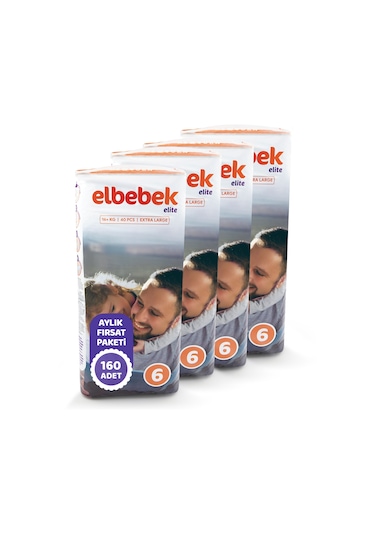 Elbebek Elite Bebek Bezi 6 Numara XLarge Fırsat Paketi 160 Adet 4'lü