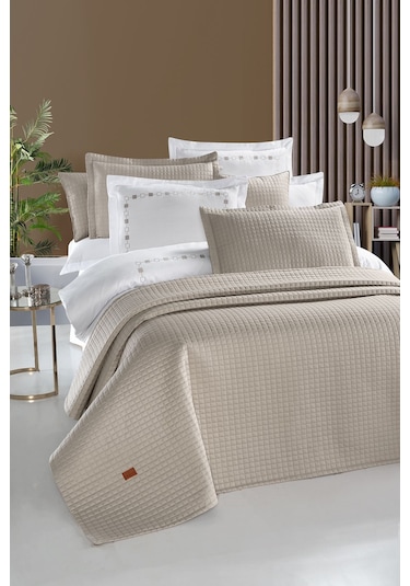 Elegante %100 Pamuk Saten Yatak Örtüsü Seti Bej Bej