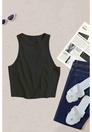 Merry See Tek Renk 1 Adet Kadın Kolsuz Örme Kumaş Bluz Crop Siyah 001