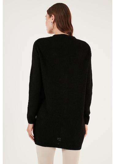 Lela Regular Fit V Yaka Düğmeli Triko Örme Uzun Bayan Hırka 4615044 Siyah