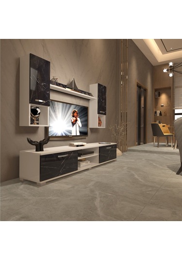 Decoraktiv Eko 5da Mdf Dvd Tv Ünitesi Tv Sehpası Beyaz - Siyah Mermer