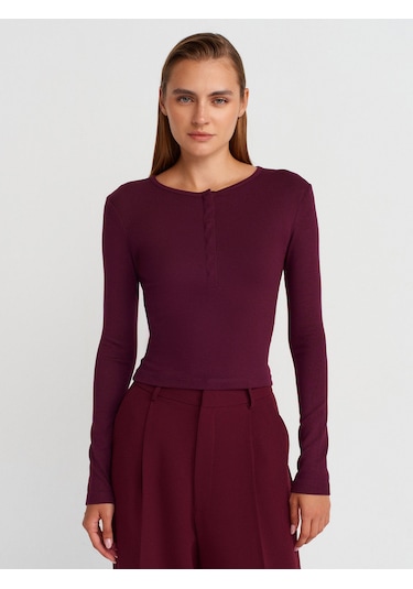 Dilvin 31442 Uzun Kollu Çıtçıt Düğmeli Top-bordo Bordo
