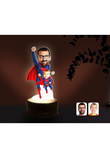 Kişiye Özel Süper Baba Ve Çocuk Karikatürlü Dekoratif 3D Biblo Le