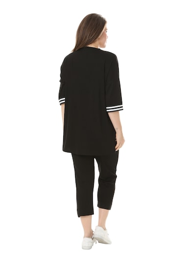 Melsay Butik Siyah Bisiklet Yaka Şerit Detaylı Kısa Kollu Beli Lastikli Kapri Takım Siyah