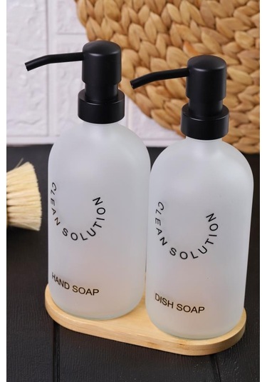 2'li Sablaj Cam Beyaz Sıvı Sabunluk Seti Standlı Beyaz