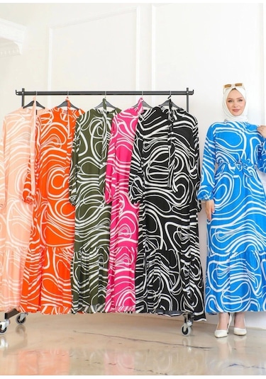 Çizgi Desenli Viskon Elbise - Turuncu Turuncu