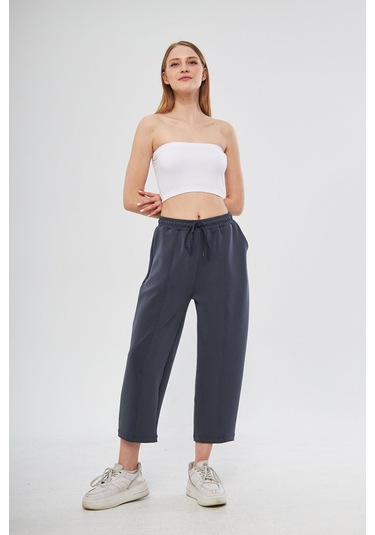 Haki Ultra Yumuşak, Dikiş Detaylı Havuç Kesim Bağcıklı Lastikli Bilek Boy Kadın Modal Pantolon Antrasit