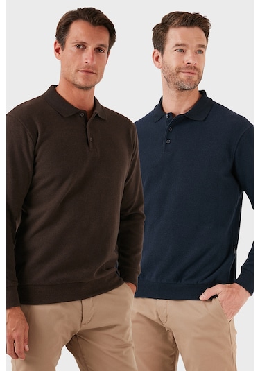Buratti Pamuk Karışımlı Regular Fit 2'Li Paket Erkek Polo Yaka Kazak 456223S2 Kahve-Lacivert