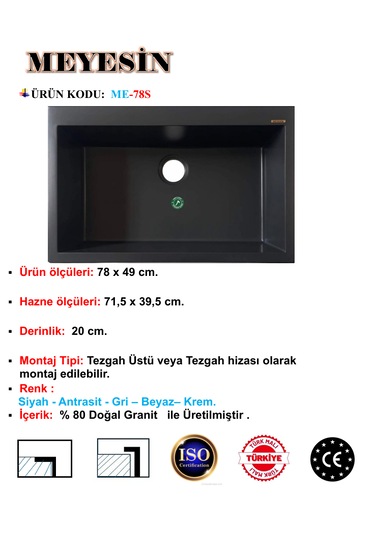 Meyesin ME-78S Granit Tek Gözlü Mutfak Evyesi Siyah 78 x 49 CM