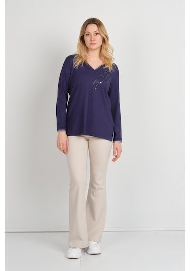 Detay Triko Kadın V Yaka Taş İşlemeli Uzun Kol Anne Bluz 5751 Mor Mor