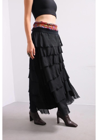 İtalyan 2 Beden Ince Gösteren Kat Kat Ipek Etek & Straplez Elbise Siyah