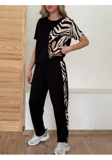Ahes Shopping Kadın Bisiklet Yaka Kısa Kol Leopar Desen Bluz Ve Pantolon Ikili Takım Siyah