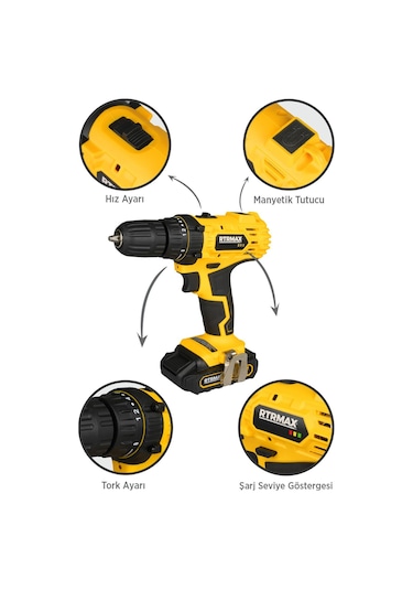 RTRMAX RTM350 Şarjlı Matkap Çift Akülü 30 Nm Li-ion 2x1.5 Ah - Akü Dahil