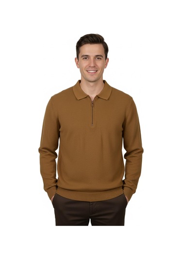 Erkek Regular Fit Polo Yaka Petek Triko Kazak Bgl-st04825 Camel