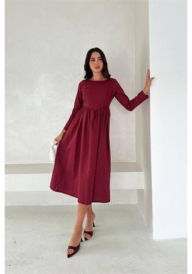 Neşeli Butik Kadın Sırt Dekolteli Uzun Kollu Midi Elbise Nbk4311 Bordo