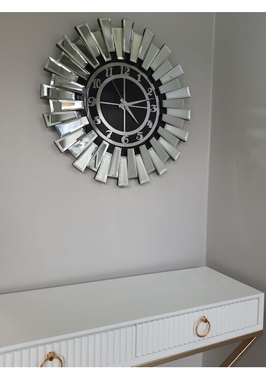 Ayna Denizi Güneş Twins Argent Black Model Gümüş Siyah Renk 70 Cm Dekoratif Aynalı Duvar Saati Gümüş - Siyah
