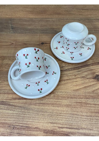 Kiraz Desenli El Yapımı Seramik Kupa, Mug, Türk Kahvesi